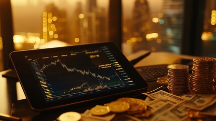A tablet displaying stock market charts on a table, surrounded by golden coins.