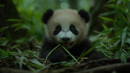 A cute baby panda eating bamboo in a lush green forest.