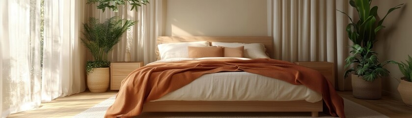 A serene and modern bedroom featuring a wooden bed, cozy blankets, and lush plants, illuminated by natural light from sheer curtains.