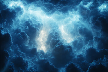 Fototapeta premium Dark blue stormy sky with dramatic, intense clouds and deep shadows, capturing the powerful and moody atmosphere of an approaching thunderstorm. 