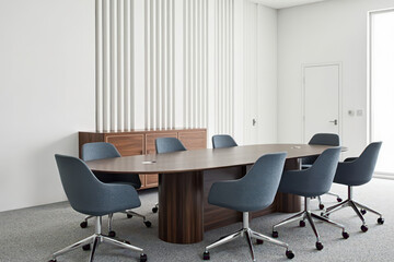 The image shows a modern, minimalist conference room with a dark wood table, eight armless chairs, light grey carpet, wooden sideboard, white walls, and modern architectural style.