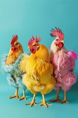 Fototapeta premium Three vibrant chickens, each in a different color: pink, yellow, and green.
