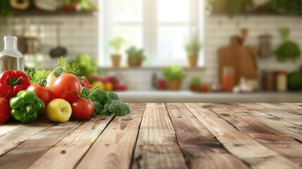 Fresh vegetables and spices on wooden table with blurred kitchen background, editable product space.