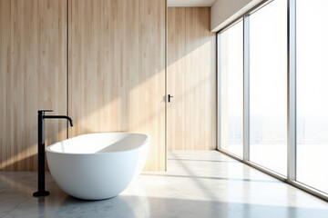 A modern, minimalist bathroom with a large white oval bathtub, light wood paneling, emphasizing a serene, contemporary atmosphere.