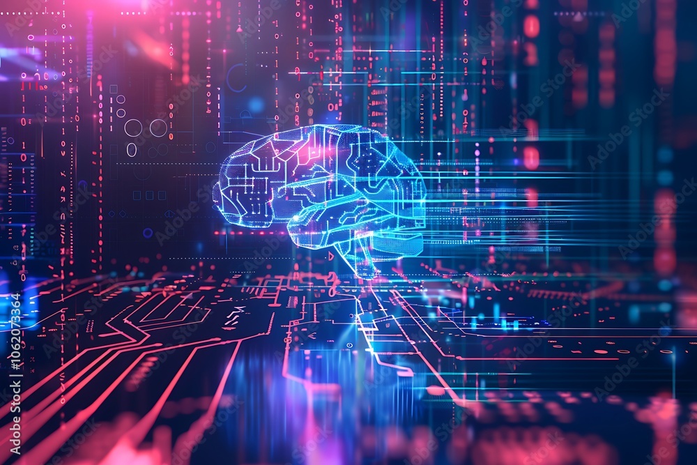 Wall mural abstract technology background with circuit board and human brain. artificial intelligence concept