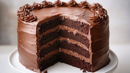 A rich chocolate layer cake displayed on a clean white background, emphasizing its delicious layers and inviting presentation for dessert lovers.