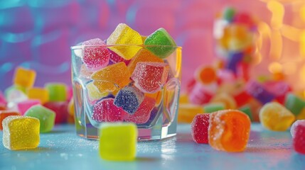 A glass of colorful sweets and candies with a variety of flavors.