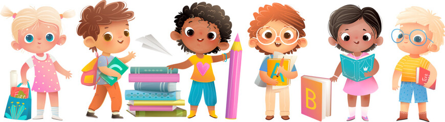 Group of elementary or kindergarten little kids reading books. Education and learning at school. Preschool kids boys and girls. Children school education vector clipart illustration isolated.