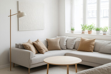 Fototapeta premium Cozy modern living room with a light beige sofa and indoor plants in daylight