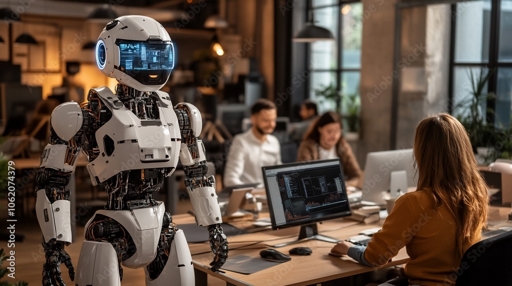 Poster A humanoid robot stands in the foreground of an office setting, while a team of workers are seen in the background, focused on their tasks.