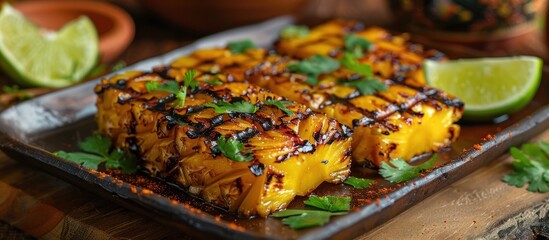 Mouthwatering Grilled Pineapple and Vegetable Dish Topped with Vibrant Lime and Herb Seasoning Showcasing the Flavors of a Tropical Gourmet Cuisine