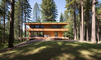 Perspective shot of a minimalist home with large windows natural materials and a green roof