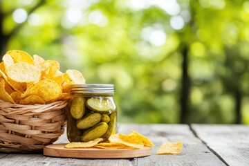 Artistic view of a picnic table set up with sandwiches, chips, and a jar of pickles as the centerpiece, Picnic with pickles, Casual and inviting