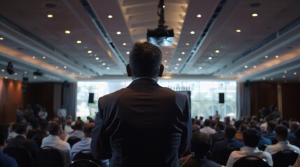 Fototapeta premium An audience and speaker in a conference room setting.