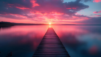 Naklejka premium Sunset over Calm Water with Pier - Illustration