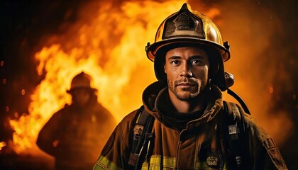 911. Firefighters at work against the backdrop of a raging flame. Through smoke and ashes,
