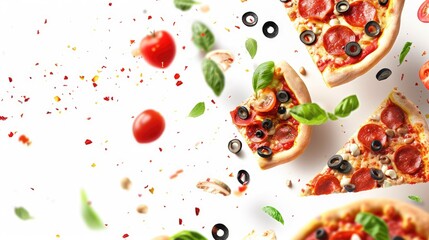 Banner design featuring appetizing pizzas and airborne ingredients against white backdrop