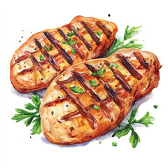 Grilled chicken watercolor clipart illustration