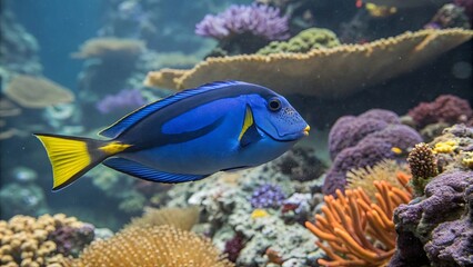 Vibrant Blue Tang Fish Gliding Through Coral Reef