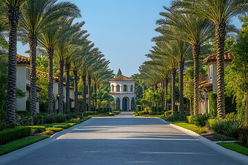 Tall palm trees lining a road in classic Beverly Hills style, with vibrant green leaves against a blue sky, capturing the essence of a luxurious California neighborhood.
