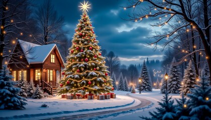 Naklejka premium A Beautiful Winter Evening With a Decorated Christmas Tree Near a Cozy Cabin in the Woods