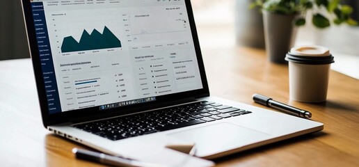 A laptop computer displaying a spreadsheet and a graph with a pen and a cup of coffee on a wooden desk.