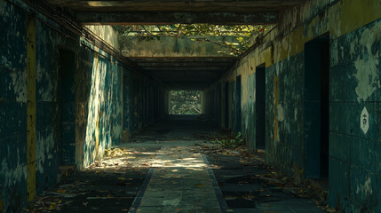 Fototapeta premium Abandoned, overgrown corridor in a decaying building, sunlight casting shadows