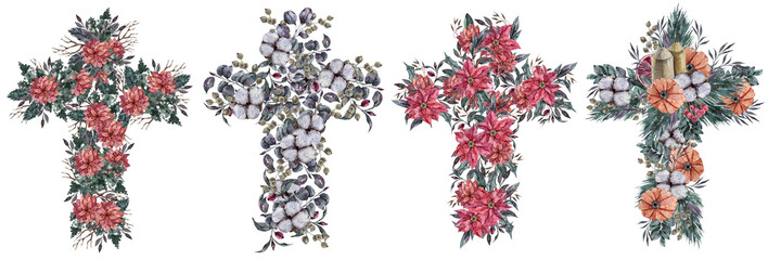 Watercolor illustration of floral Easter cross set, bouquet, flower in shape of cross isolated on transparent background. Spring flowers painting for invitation, greeting card, banner, poster