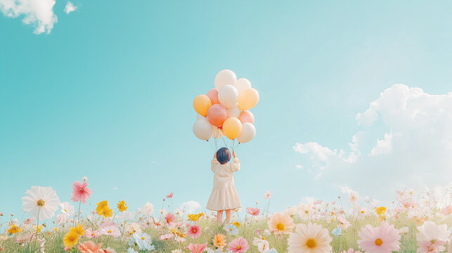 Girl in Cosmos Field with Balloons: A whimsical image of a young girl, seemingly weightless.