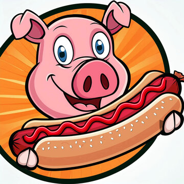 Cartoon pig eating a hotdog with ketchup, illustration.