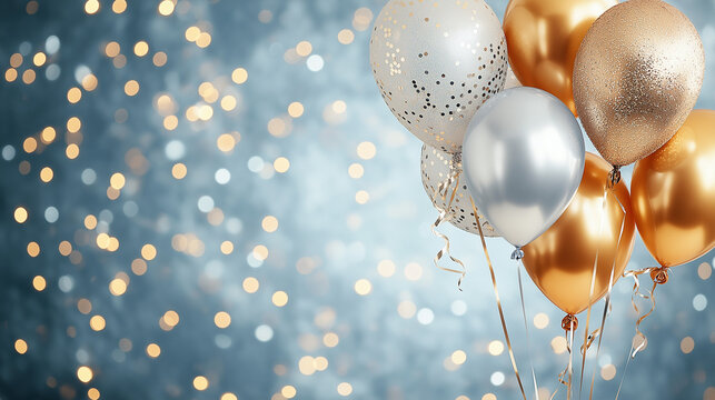Shimmering Celebration: Elegant silver and gold balloons against a bokeh backdrop. Perfect for celebratory occasions, adding a touch of sophistication and glamour.