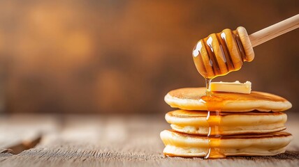 Stack of Pancakes with Honey Drizzle and Butter on Soft Pastel Background with Copy Space