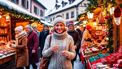 Obraz premium A Joyful Woman Enjoys Festive Shopping at a Christmas Market in a Charming European Village
