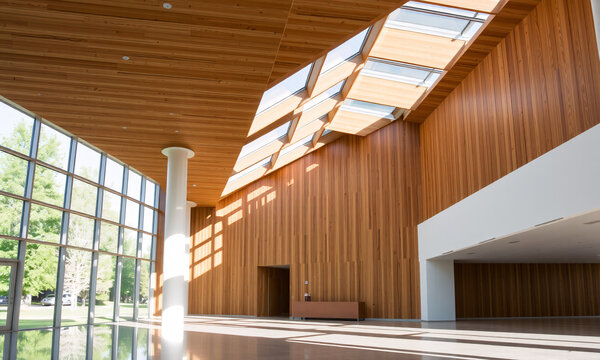 Interior view of a sustainable building lobby with skylights recycled wood paneling