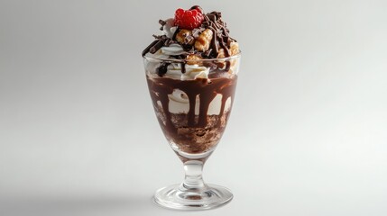 A stunning chocolate parfait served in a clear glass, set against a bright white background to highlight its creamy layers and toppings.