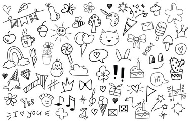 Set of cartoon hand drawn doodle elements. Crowns, rainbow, hearts, stars, flowers, sparkles, arrows, lightnings, smiley, signs, funny design elements іsolated on white background. Line art. 
