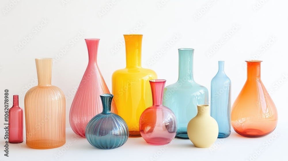 Poster a vibrant array of colored glass bottles and vases artfully arranged on a white background, showcasi