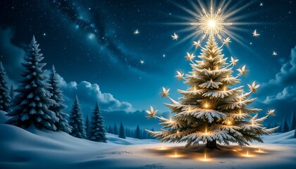 A Magical Fairy Decorates a Snowy Christmas Tree Under a Starlit Sky at Night