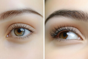 Fototapeta premium Natural versus enhanced eyelashes in a close-up of a woman’s eyes