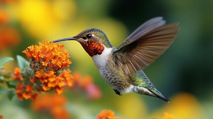 Fototapeta premium Hummingbird feeding on orange flowers.