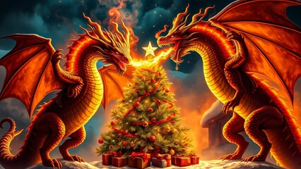 Obraz premium Two Fiery Dragons Breathe Flames Around a Decorated Christmas Tree in a Snowy Winter Wonderland