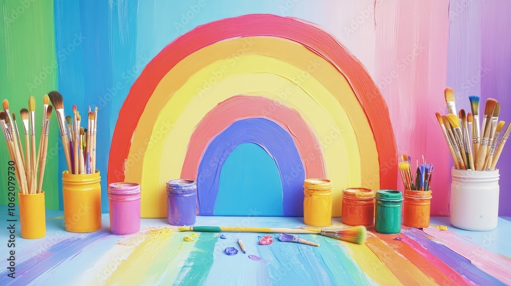 Poster a vibrant studio setup featuring a rainbow painted on a large canvas, with colorful paint jars and b