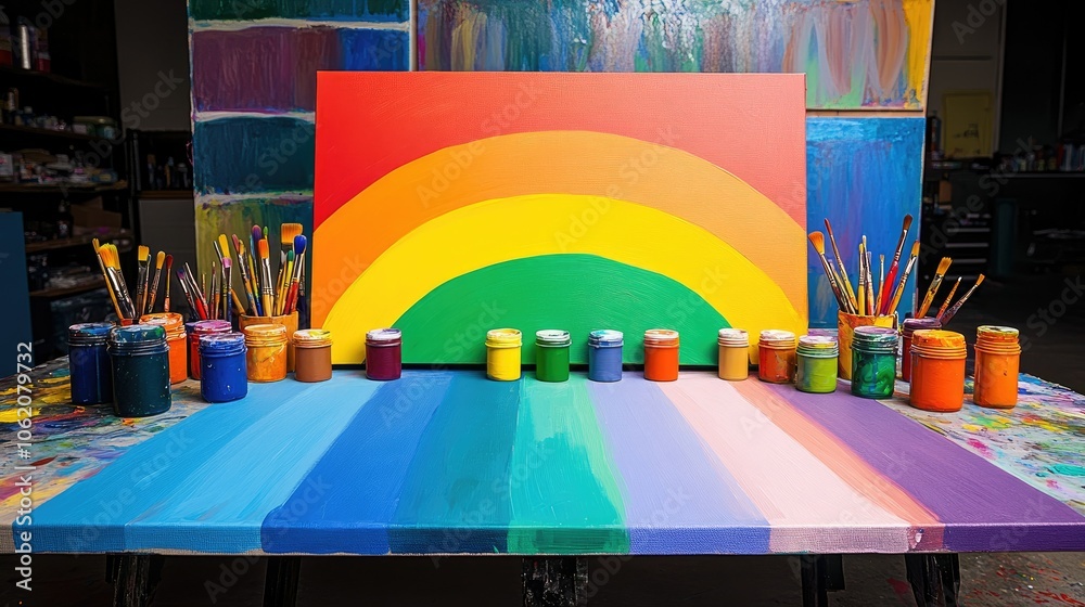Poster a vibrant studio setup featuring a rainbow painted on a large canvas, with colorful paint jars and b