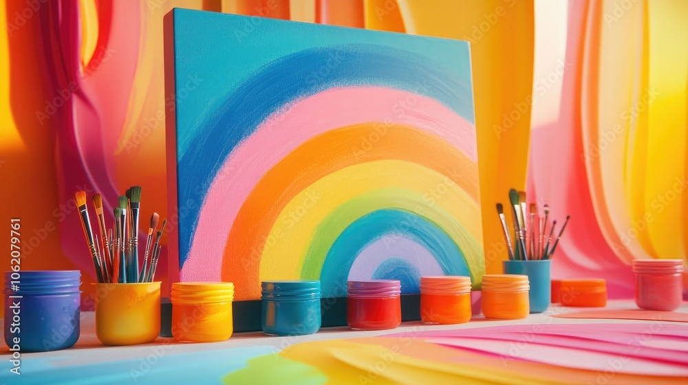 Poster a vibrant studio setup featuring a rainbow painted on a large canvas, with colorful paint jars and b