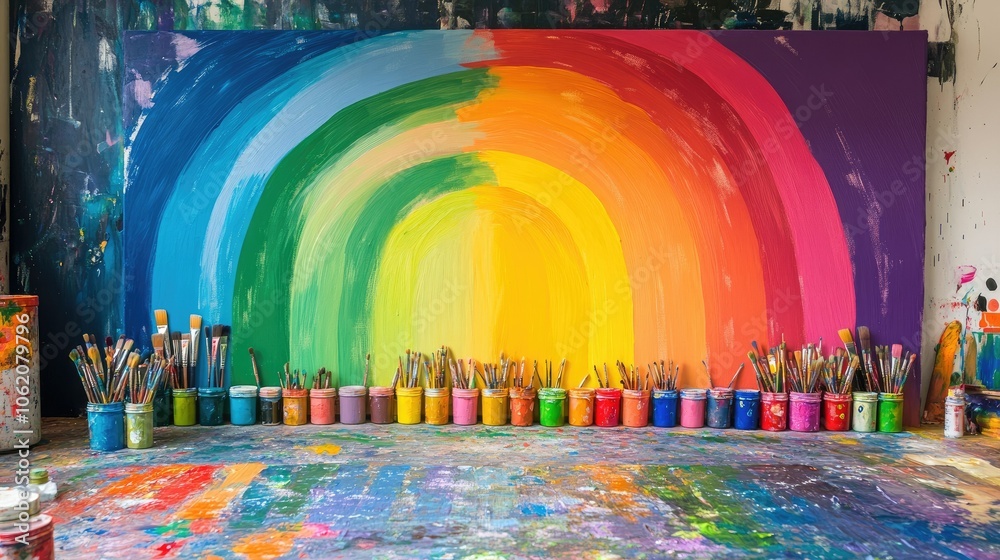 Poster a vibrant studio setup featuring a rainbow painted on a large canvas, with colorful paint jars and b