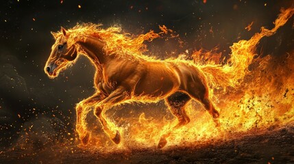 Obraz premium Running rearing horse burning in flames on black background