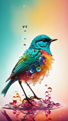 Obraz premium A colourful bird covered in colourful paint splash fluid, vibrant paint particles, water drops, alcohol ink smoke, happy pet concept