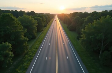 An aerial view showcases a truck traveling on a highway during sunset