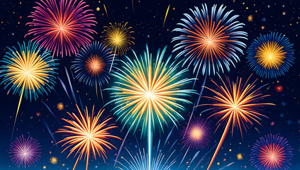 a vibrant cityscape photograph featuring a nighttime skyline with a series of large, colorful fireworks exploding in the sky. The fireworks display a range of colors,