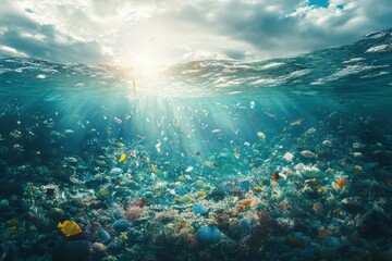 Underwater view of a vibrant coral reef teeming with colorful fish in bright sunlight